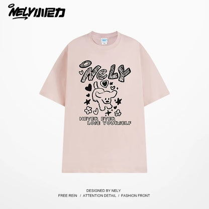 American letter dog print cotton short-sleeved T-shirt for men and women, design niche cotton youth heavyweight half-sleeve