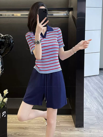 Fashionable casual sports suit for women in summer 2025, age-reducing striped sweater, wide-leg shorts, two-piece suit, slimming