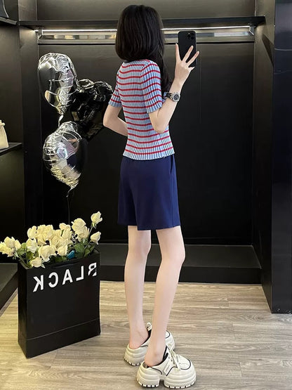 Fashionable casual sports suit for women in summer 2025, age-reducing striped sweater, wide-leg shorts, two-piece suit, slimming