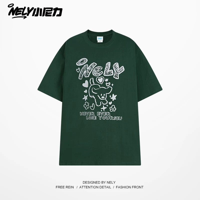 American letter dog print cotton short-sleeved T-shirt for men and women, design niche cotton youth heavyweight half-sleeve