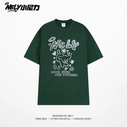 American letter dog print cotton short-sleeved T-shirt for men and women, design niche cotton youth heavyweight half-sleeve