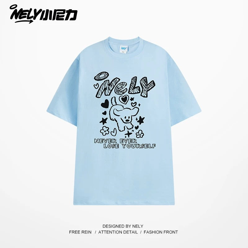 American letter dog print cotton short-sleeved T-shirt for men and women, design niche cotton youth heavyweight half-sleeve