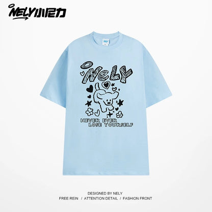 American letter dog print cotton short-sleeved T-shirt for men and women, design niche cotton youth heavyweight half-sleeve