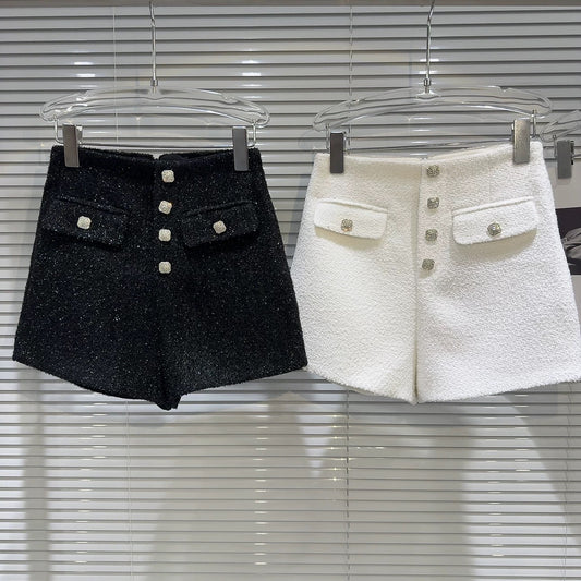 Popular online style 2025 Autumn New Arrival Chanel-inspired Rhinestone Button Design Tweed Elegant Mini Shorts for Women