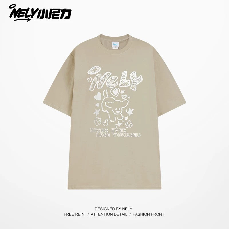 American letter dog print cotton short-sleeved T-shirt for men and women, design niche cotton youth heavyweight half-sleeve