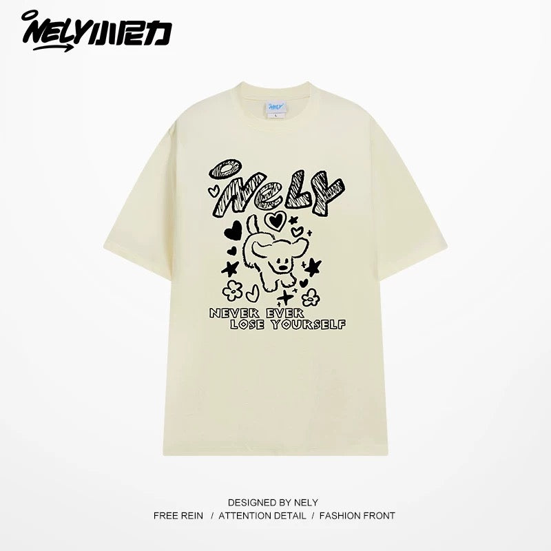 American letter dog print cotton short-sleeved T-shirt for men and women, design niche cotton youth heavyweight half-sleeve