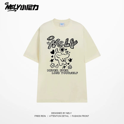 American letter dog print cotton short-sleeved T-shirt for men and women, design niche cotton youth heavyweight half-sleeve