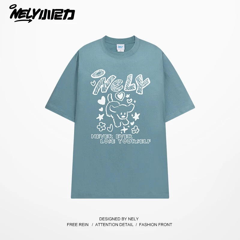 American letter dog print cotton short-sleeved T-shirt for men and women, design niche cotton youth heavyweight half-sleeve