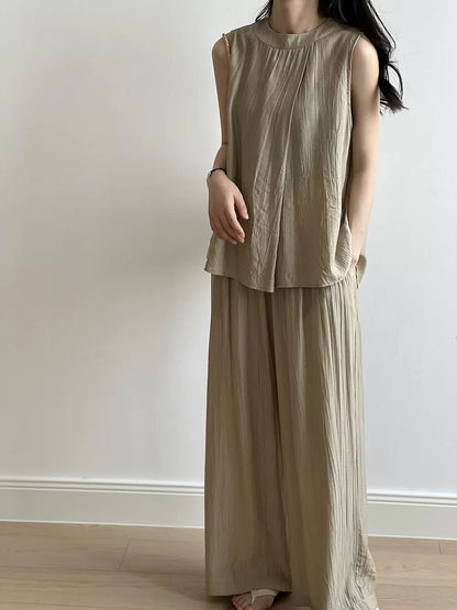 Fashion suit for women in summer with a complete set of high-end loose sleeveless vest pleated shirt wide-leg pants two-piece set