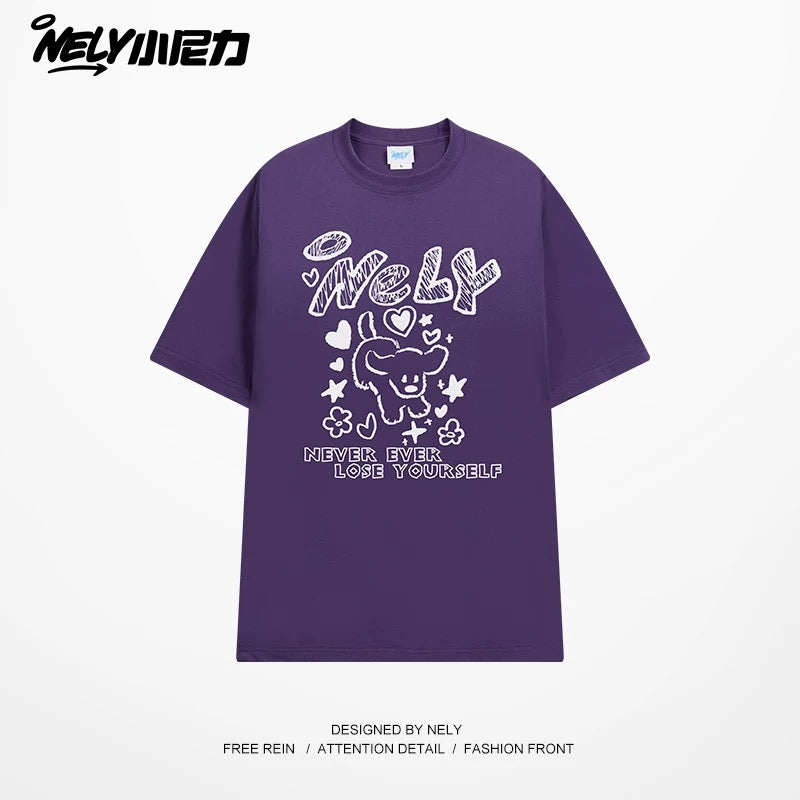 American letter dog print cotton short-sleeved T-shirt for men and women, design niche cotton youth heavyweight half-sleeve