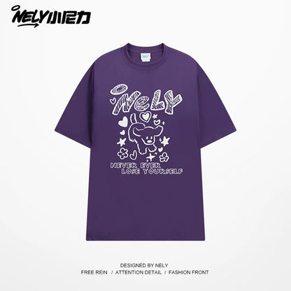 American letter dog print cotton short-sleeved T-shirt for men and women, design niche cotton youth heavyweight half-sleeve