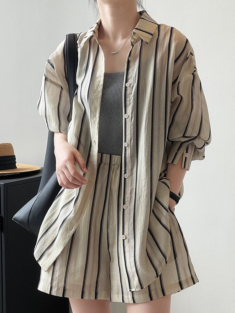 Shorts suit women's summer high-end thin long-sleeved striped sun protection shirt high-waisted wide-leg casual pants two-piece set