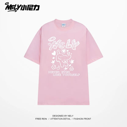 American letter dog print cotton short-sleeved T-shirt for men and women, design niche cotton youth heavyweight half-sleeve