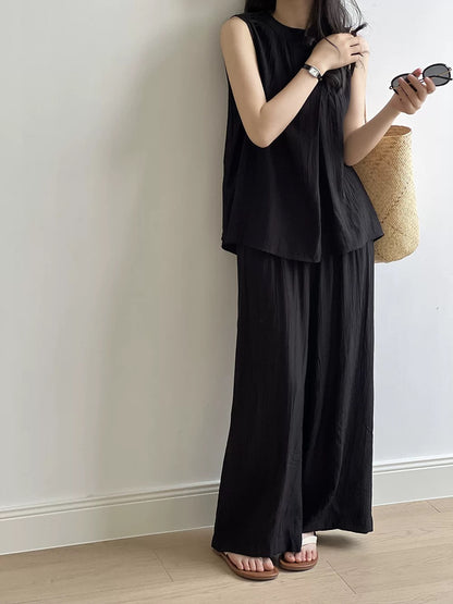 Fashion suit for women in summer with a complete set of high-end loose sleeveless vest pleated shirt wide-leg pants two-piece set
