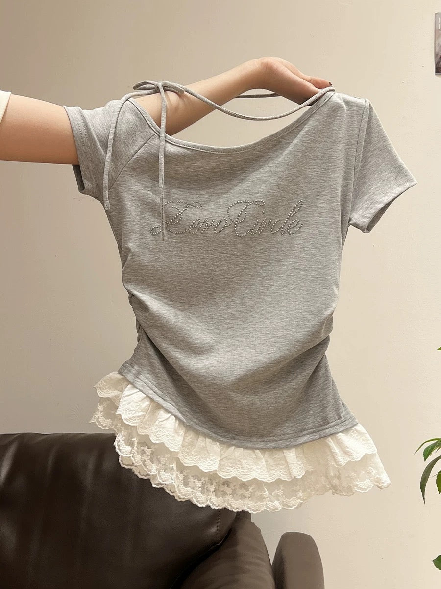 Korean 2025 summer new style oblique collar off-shoulder lace hem short-sleeved T-shirt female slim fit top