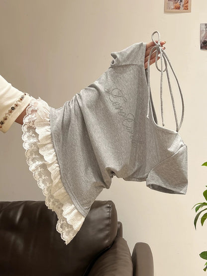 Korean 2025 summer new style oblique collar off-shoulder lace hem short-sleeved T-shirt female slim fit top