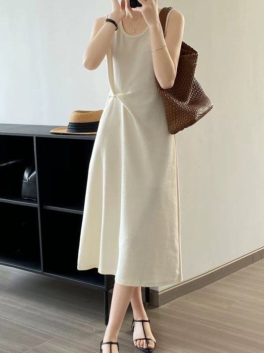 Sleeveless tank top dress for women summer seaside vacation French T-shirt suspender dress casual small person bottoming long skirt