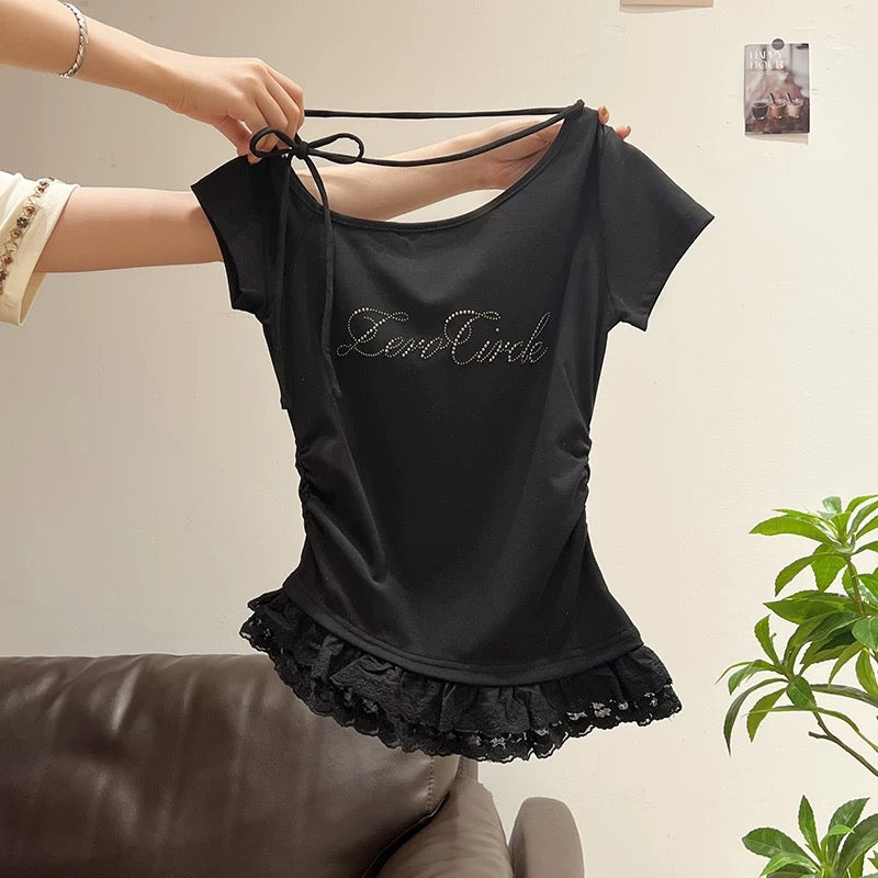 Korean 2025 summer new style oblique collar off-shoulder lace hem short-sleeved T-shirt female slim fit top