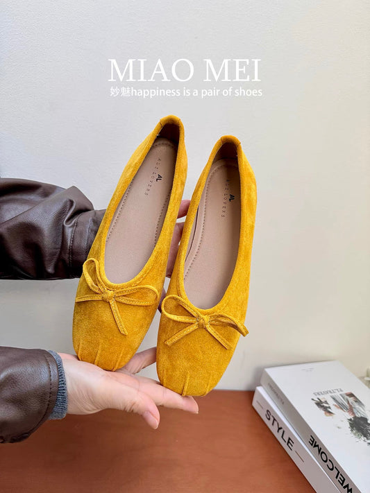 Sheepskin version ~ Ballet style bow flat shoes for women, round toe, sweet, flat Mary Jane shoes, French style, perfect for pairing with skirts.