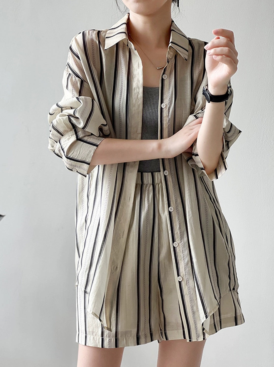 Shorts suit women's summer high-end thin long-sleeved striped sun protection shirt high-waisted wide-leg casual pants two-piece set