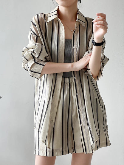 Shorts suit women's summer high-end thin long-sleeved striped sun protection shirt high-waisted wide-leg casual pants two-piece set