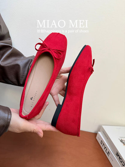 Sheepskin version ~ Ballet style bow flat shoes for women, round toe, sweet, flat Mary Jane shoes, French style, perfect for pairing with skirts.