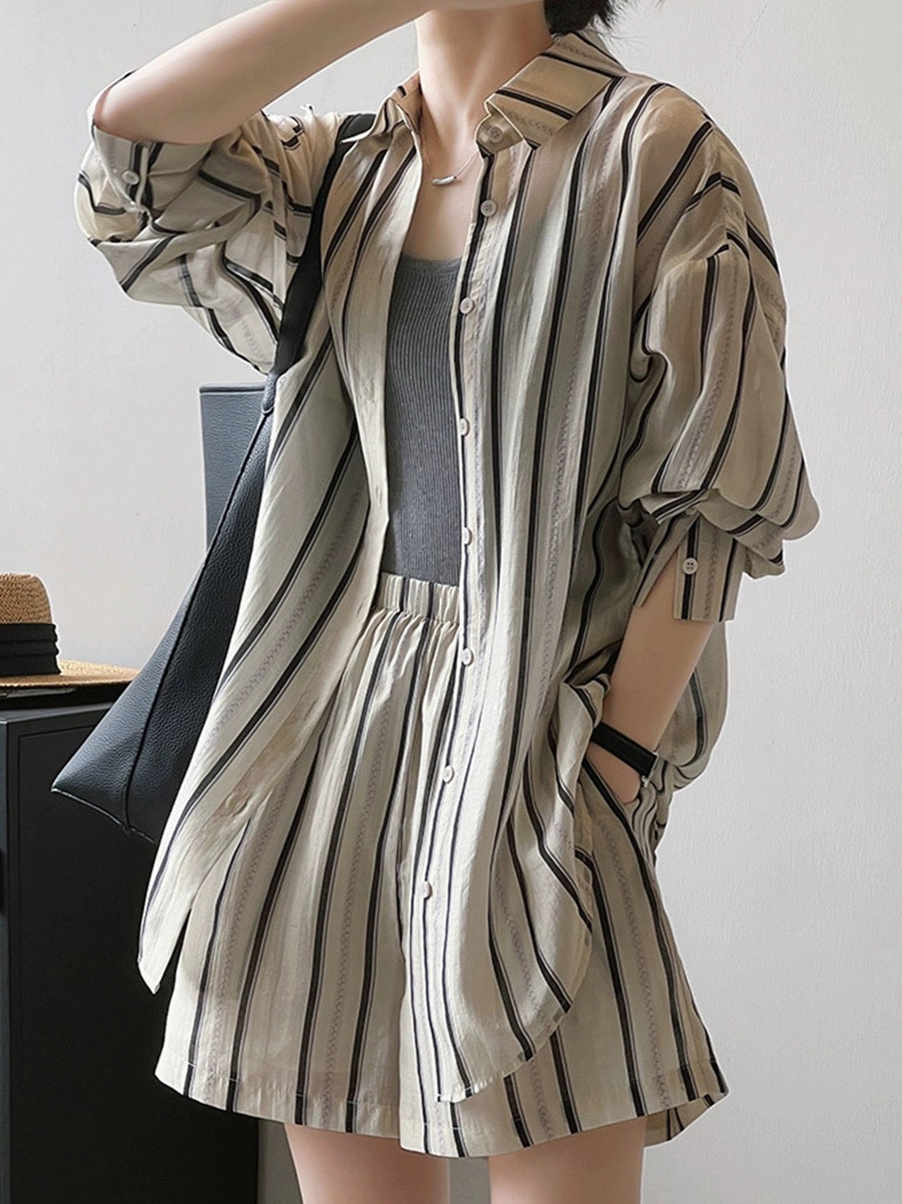 Shorts suit women's summer high-end thin long-sleeved striped sun protection shirt high-waisted wide-leg casual pants two-piece set