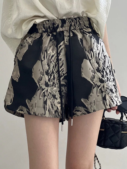 New Chinese style ink jacquard casual shorts for women summer outerwear high-waisted A-line slimming wide-leg pants for small people hot pants