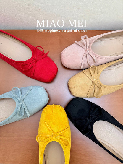 Sheepskin version ~ Ballet style bow flat shoes for women, round toe, sweet, flat Mary Jane shoes, French style, perfect for pairing with skirts.