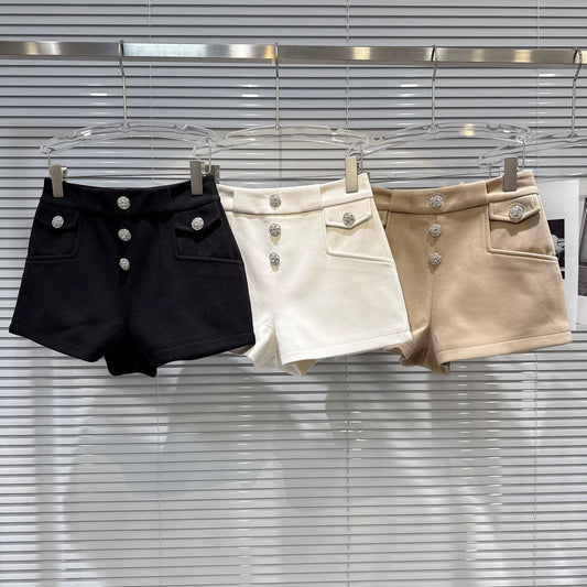 Popular online style 2025 autumn new style light luxury temperament rhinestone buckle slimming simple three-quarter woolen shorts bootcut pants women