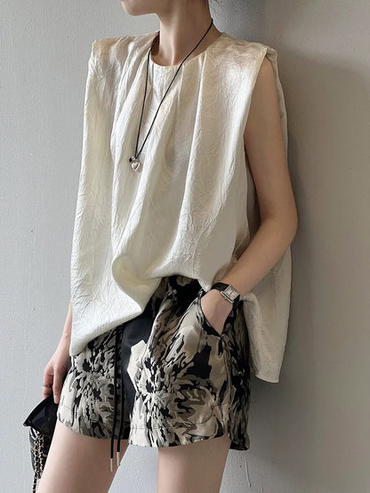 New Chinese style ink jacquard casual shorts for women summer outerwear high-waisted A-line slimming wide-leg pants for small people hot pants