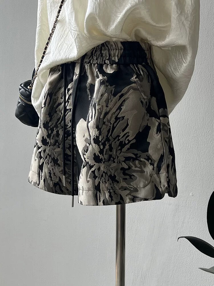 New Chinese style ink jacquard casual shorts for women summer outerwear high-waisted A-line slimming wide-leg pants for small people hot pants