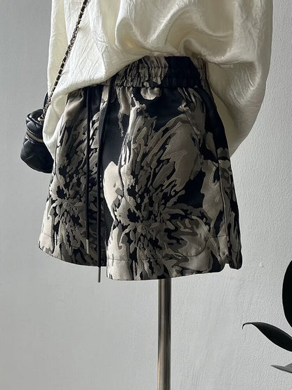 New Chinese style ink jacquard casual shorts for women summer outerwear high-waisted A-line slimming wide-leg pants for small people hot pants