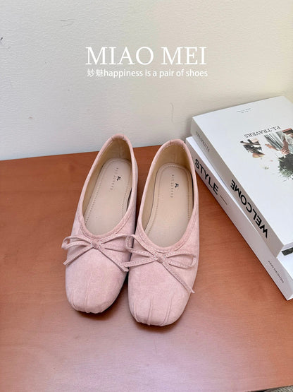 Sheepskin version ~ Ballet style bow flat shoes for women, round toe, sweet, flat Mary Jane shoes, French style, perfect for pairing with skirts.