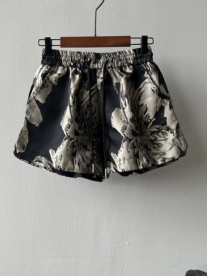New Chinese style ink jacquard casual shorts for women summer outerwear high-waisted A-line slimming wide-leg pants for small people hot pants