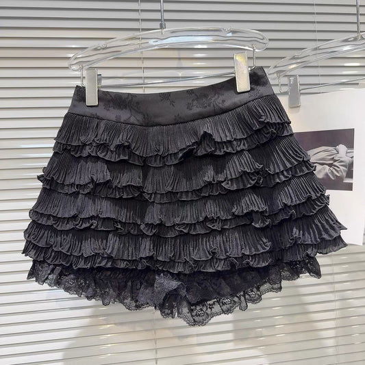 Popular online style, 2025 autumn new sweet multi-layered pleated lace trim pantyhose skirt for women.