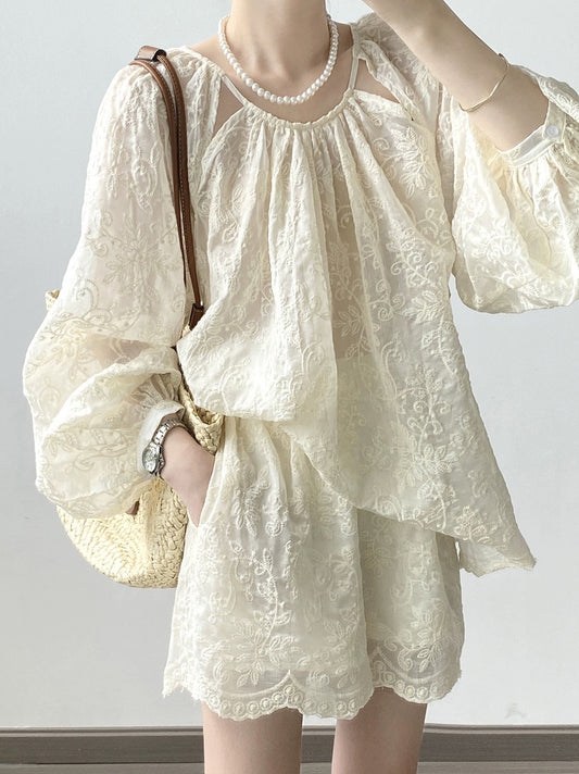 Tencel heavy industry embroidered lace sun protection suit for women in summer, a complete set of wide-leg shorts two-piece set