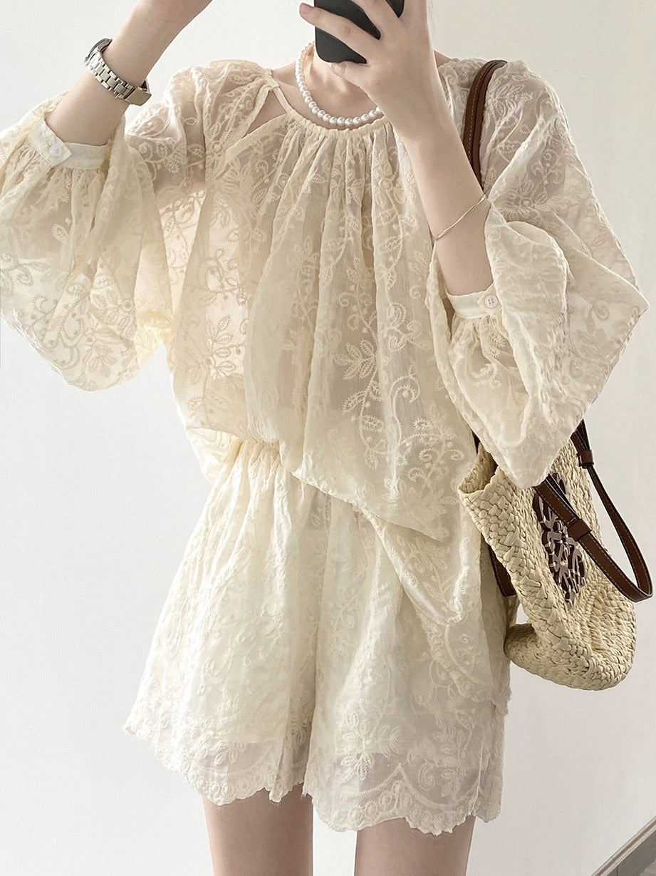 Tencel heavy industry embroidered lace sun protection suit for women in summer, a complete set of wide-leg shorts two-piece set