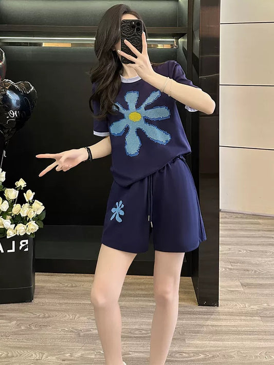 Western-style fashion short-sleeved sports suit for women summer 2025 round neck T-shirt shorts two-piece suit loose trendy casual age-reducing