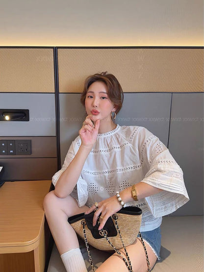 New Summer Women's Shirt from Dongdaemun (Korea): French Vintage Style, Loose-Fit Bohemian Lace Blouse with Wide Flared Sleeves