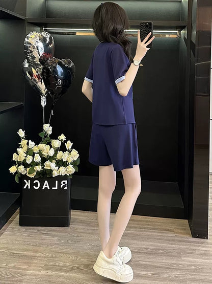 Western-style fashion short-sleeved sports suit for women summer 2025 round neck T-shirt shorts two-piece suit loose trendy casual age-reducing