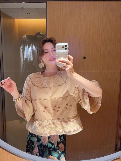 New Summer Women's Shirt from Dongdaemun (Korea): French Vintage Style, Loose-Fit Bohemian Lace Blouse with Wide Flared Sleeves