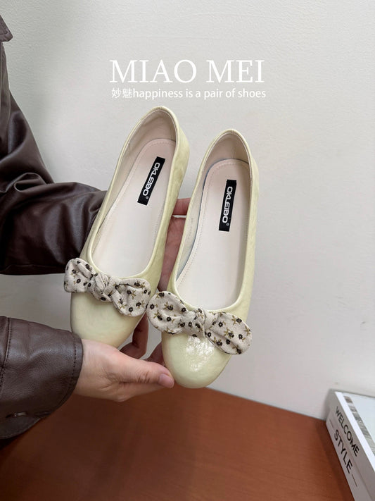 Korean style flat evening breeze gentle knot shallow mouth single shoes women's 2026 spring ballet grandma shoes