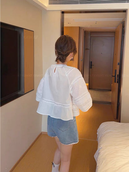 New Summer Women's Shirt from Dongdaemun (Korea): French Vintage Style, Loose-Fit Bohemian Lace Blouse with Wide Flared Sleeves