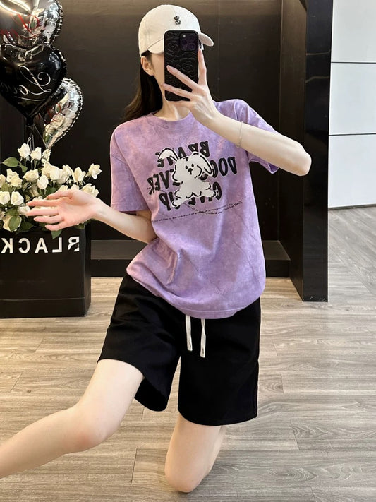 Fashionable and stylish printed short-sleeved suit for women in summer 2025 casual sports shorts two-piece suit loose and slim running clothes