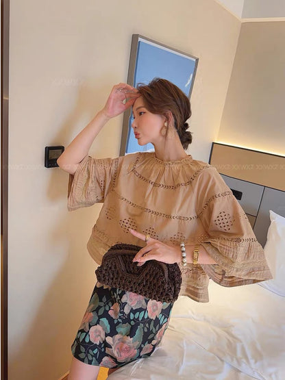 New Summer Women's Shirt from Dongdaemun (Korea): French Vintage Style, Loose-Fit Bohemian Lace Blouse with Wide Flared Sleeves