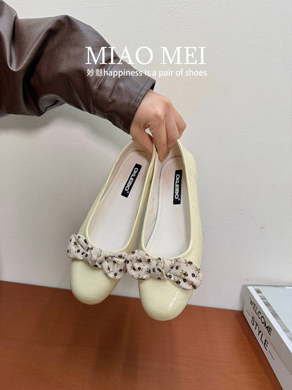 Korean style flat evening breeze gentle knot shallow mouth single shoes women's 2026 spring ballet grandma shoes
