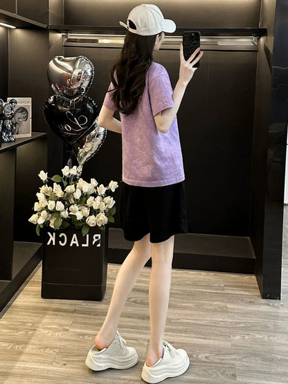 Fashionable and stylish printed short-sleeved suit for women in summer 2025 casual sports shorts two-piece suit loose and slim running clothes