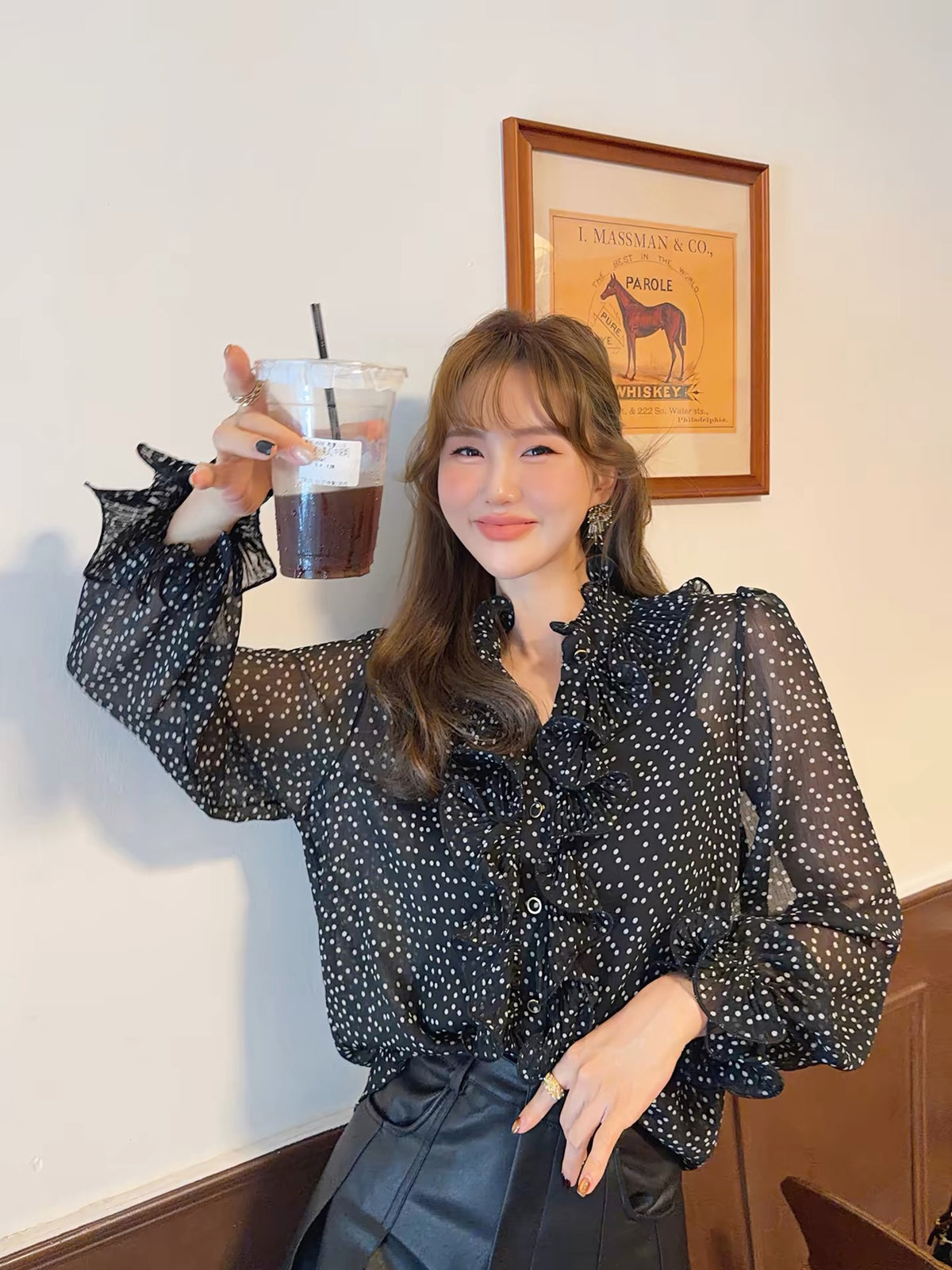 "Ji-young Unnie" Petal-Collar Polka-Dot Chiffon Shirt – New for Autumn 2026: Vintage, Loose-Fit, Slimming Flare-Sleeve Blouse