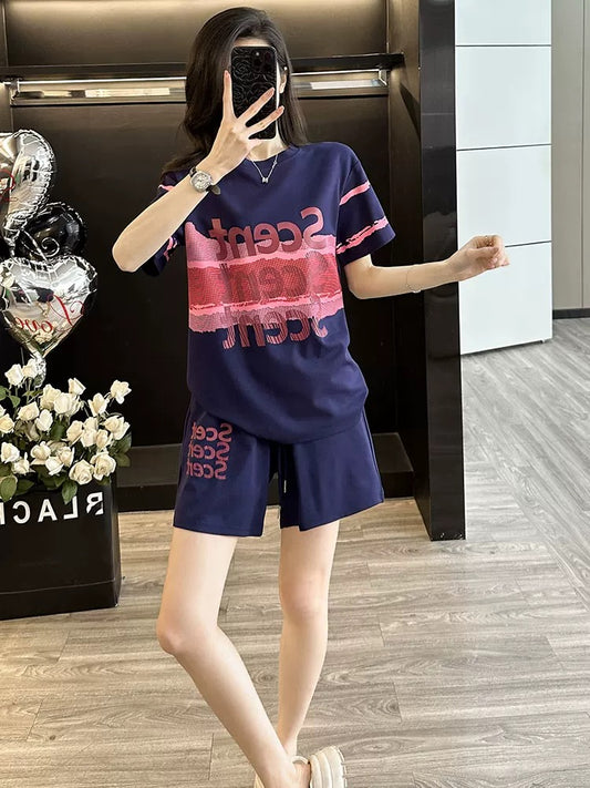 Printed short-sleeved sports suit for women in summer 2025 casual fashion shorts two-piece suit loose trendy age-reducing running and slimming